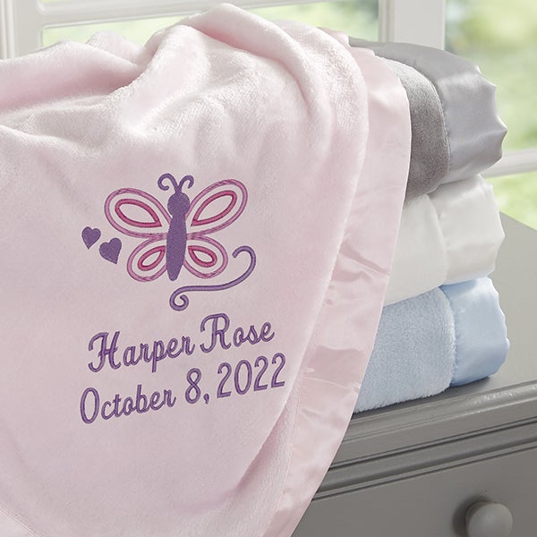 Luxurious Personalised  Baby Blanket Embossed Rosebud Pink Butterfly girl gift 