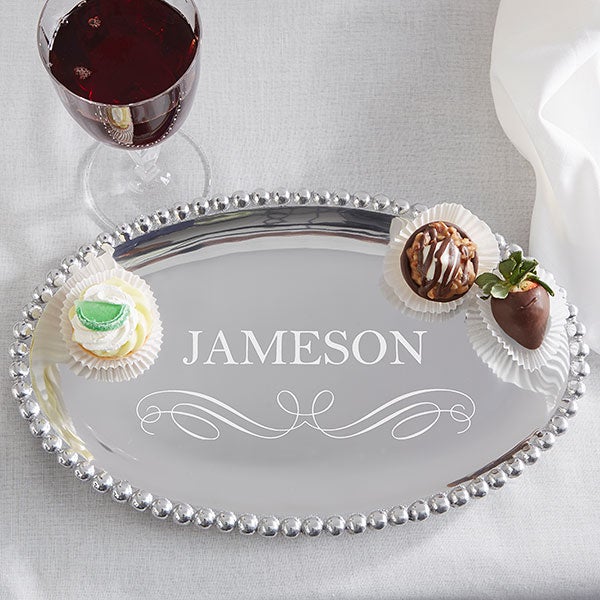 Personalized Oval Serving Tray - Mariposa String of Pearls - 13946