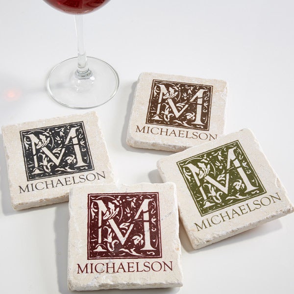 Set of 4 Personalized Welcome Family Tree Tumbled Marble Coasters 