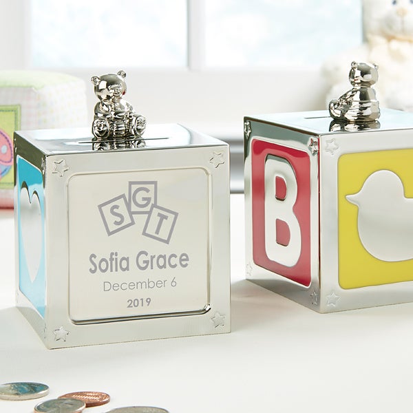 Personalized Baby Block Engraved Silver Bank