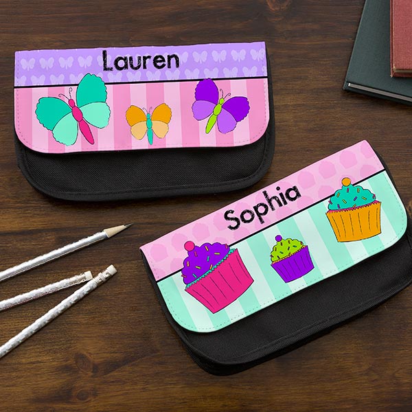Personalized Girls Pencil Case - Flowers, Butterflies, Ladybugs, Cupcakes - 14044
