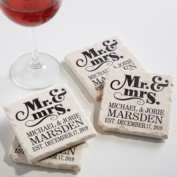 Personalized Stone Coaster Set Mr Mrs Wedding Coasters