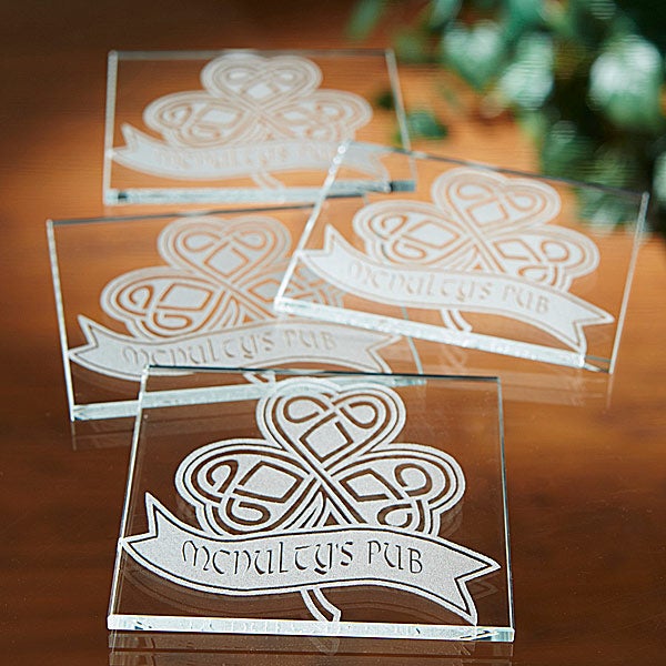 Celtic Shamrock Custom Name Personalized Glass Coaster Set