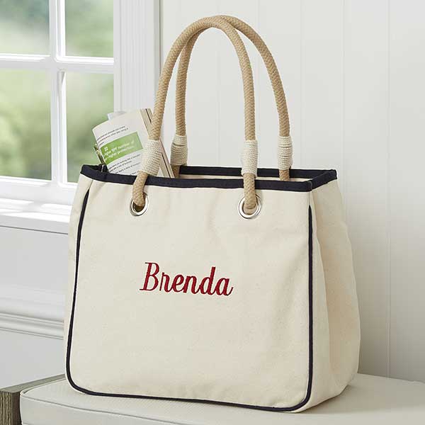 Embroidered Navy Canvas Tote Bag With Rope Handles - For Her