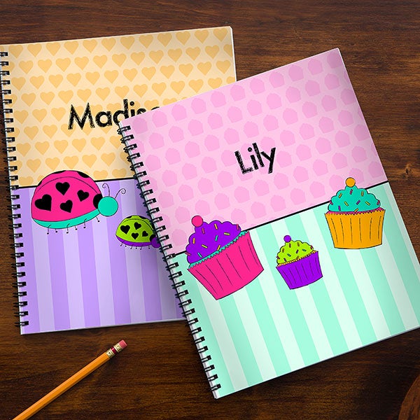 Girls Cute Pink Rainbow and Name Kids Notebook