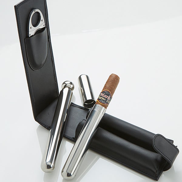 Personalized Leather Cigar & Flask Set