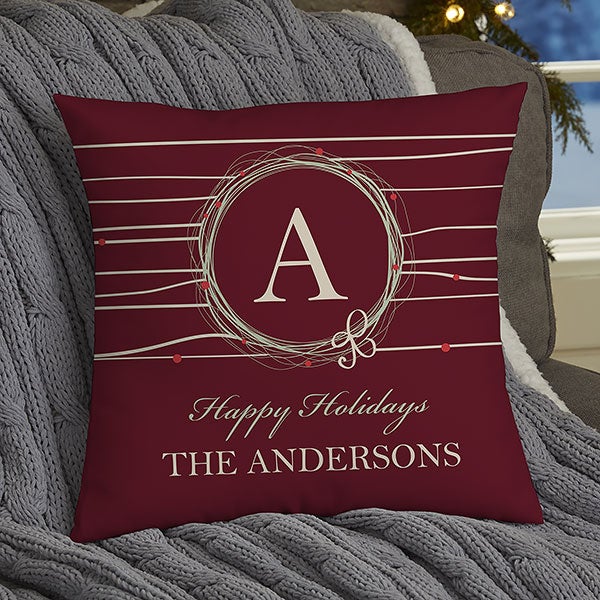 Personalized Christmas Throw Pillow - Holiday Wreath - 15119