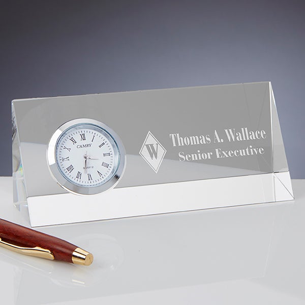Personalized Crystal Desk Clock Nameplate - Executive Monogram - 15311
