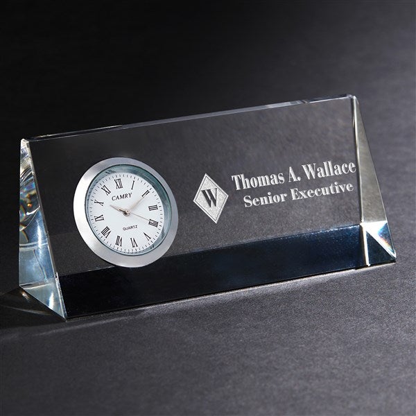 Personalized Crystal Desk Clock Nameplate - Executive Monogram - 15311
