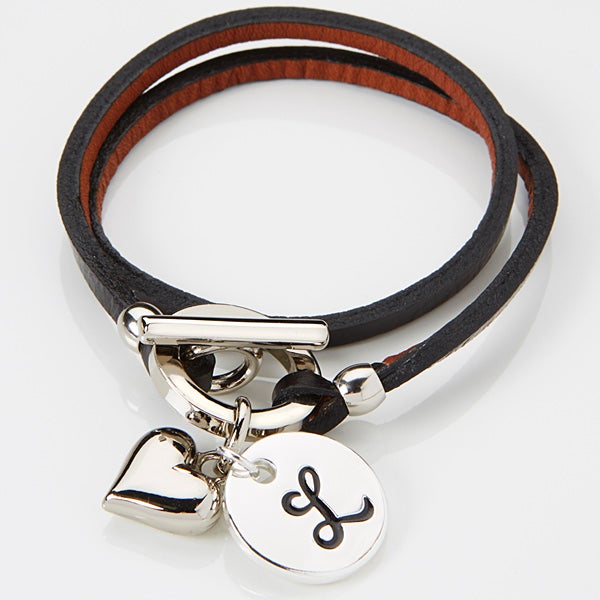 15345D Black Leather Wrap Personalized Charm Bracelet