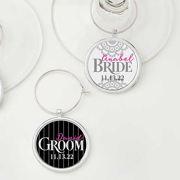 Personalized Wedding Wine Charms 2 Piece Set Bride and Groom