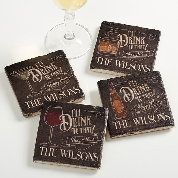 Personalized Happy Hour Tumbled Stone Coaster Set - I'll Drink To That - 15770