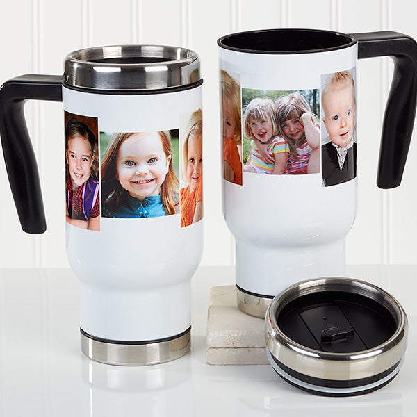 PERSONALISED TRAVEL MUGS COLLAGE PHOTO IMAGE PICTURES ADD TEXT GIFT TEA COFFEE 
