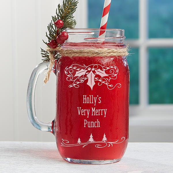 Holly Berry Christmas Etched Gl Mason Jar