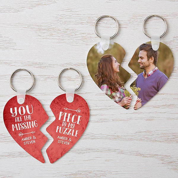 Free Gift Pouch Valentines Heart Keyring Set Engraved with Lovers Names 