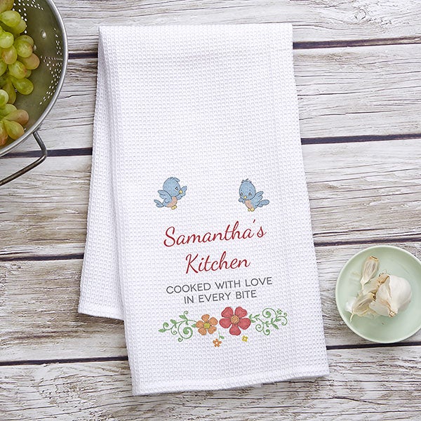 Personalized Waffle Weave Kitchen Towels - Precious Moments Floral