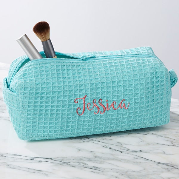 Embroidered Waffle Weave Cosmetic Bag - 17001