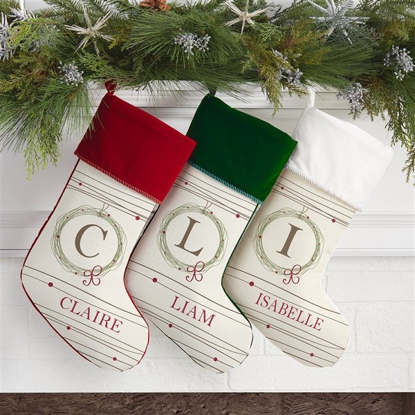 Holiday Wreath Monogrammed Christmas Stockings