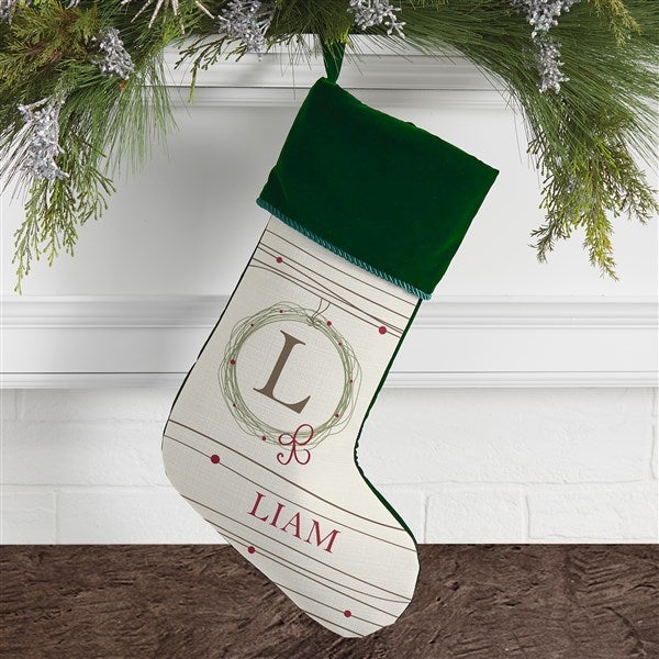 Monogrammed White Christmas Stockings - Holiday Wreath - 17446