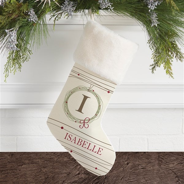 Monogrammed White Christmas Stockings - Holiday Wreath - 17446