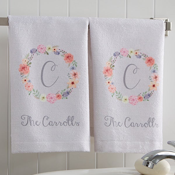 Personalized Monogram Hand Towel Set - Floral Wreath - 17574