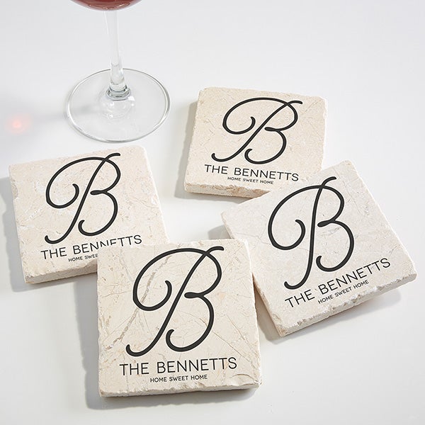 Personalized Initial Tumbled Stone Coaster Set - Initial Accent - 17785