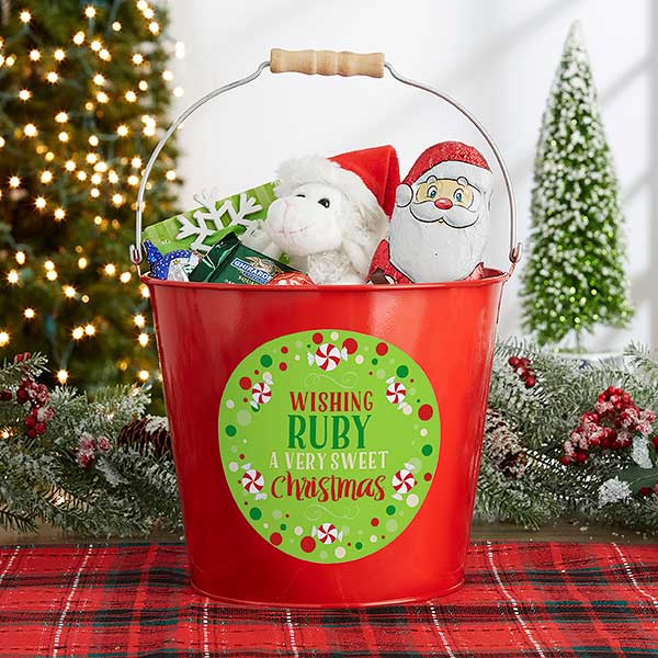 Sweet Christmas Personalized Large Metal Bucket Red