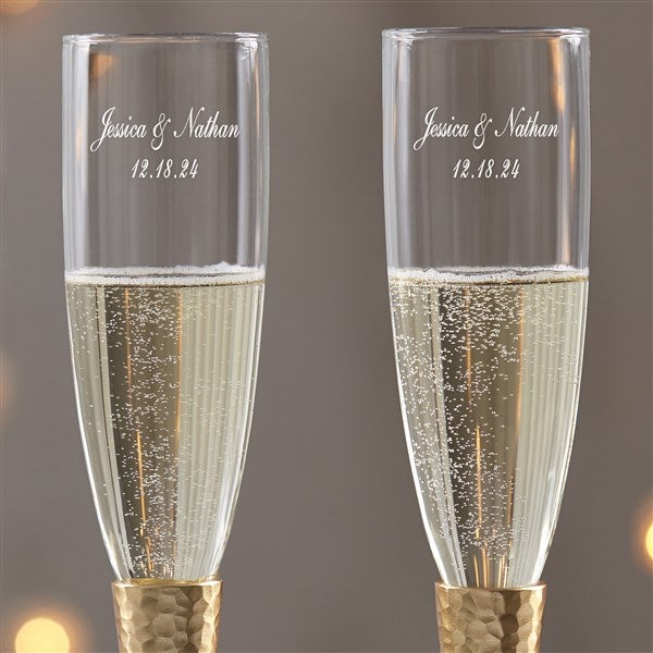Engraved Wedding Champagne Flutes Gold Hammered