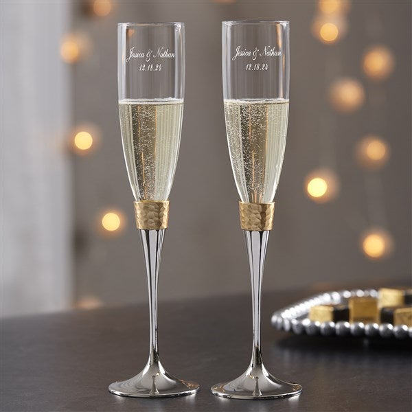 Gold Hammered Personalized Engraved Wedding Champagne Flute Set