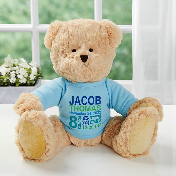 Personalised Teddy Bear Baby Shower Gift Newborn Boy Birth Details Blue Gift 