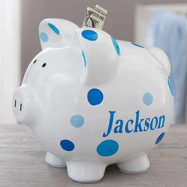 Personalised My First Piggy Bank Blue Money Box Newborn Child Baby Boy Gift 