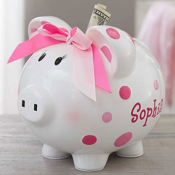 Personalized Piggy Bank For Girl Pink Polka Dot