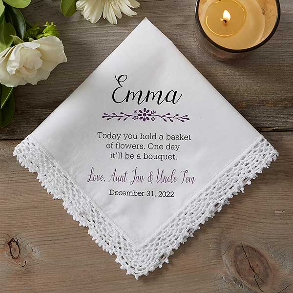 Today you hold a BASKET OF FLOWERS Something old  to Carry on your Wedding Day Hanky Hankie Flower Girl Wedding Gift Handkerchief