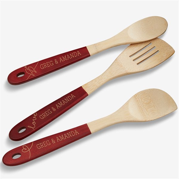 Personalized Red Bamboo Cooking Utensils - Lovebirds - 18857