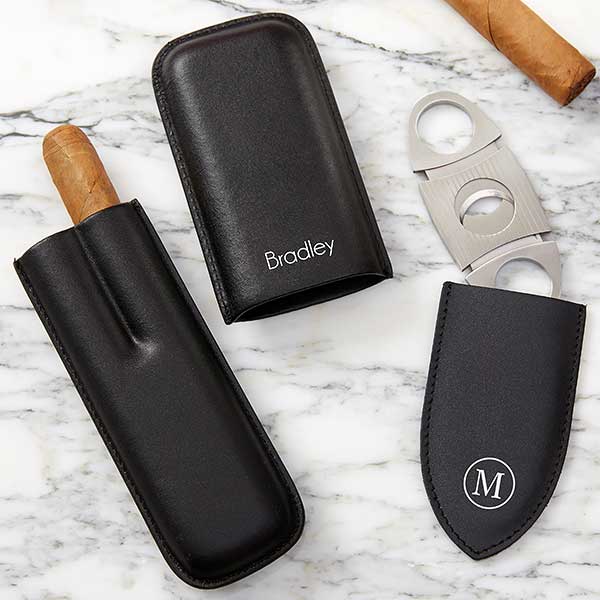 Personalized Leather Cigar Case & Cutter Set