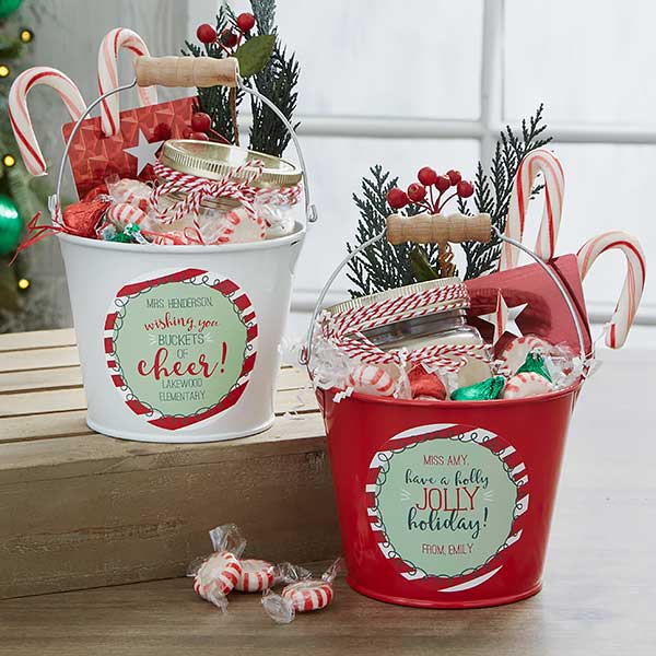 Holly Jolly Personalized Mini Metal Teacher Bucket White