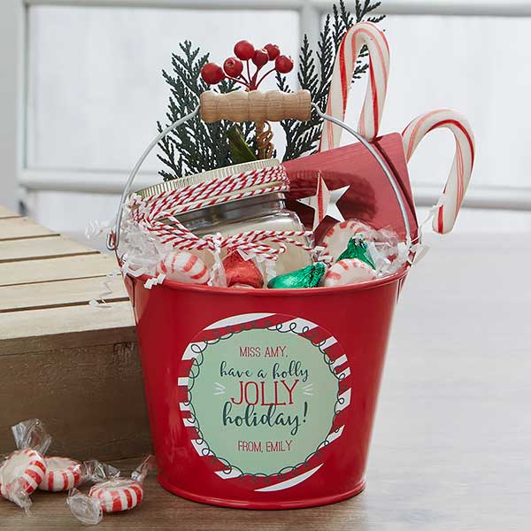 Personalized Teacher Gift - Holly Jolly Metal Bucket - 19334