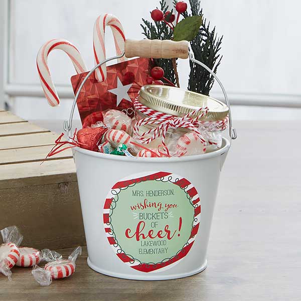 Personalized Teacher Gift - Holly Jolly Metal Bucket - 19334