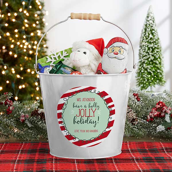 Personalized Teacher Gift - Holly Jolly Metal Bucket - 19334
