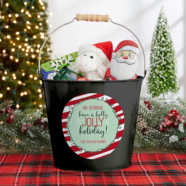 Personalized Teacher Gift - Holly Jolly Metal Bucket - 19334