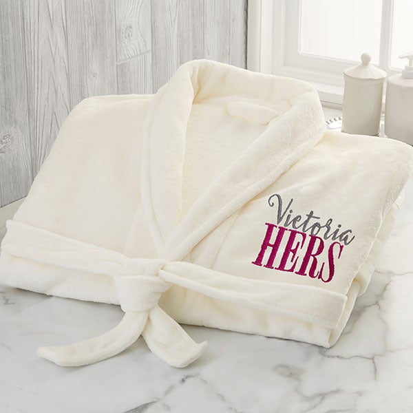 His or Hers Embroidered Luxury Fleece Robe Ivory Wedding Gifts