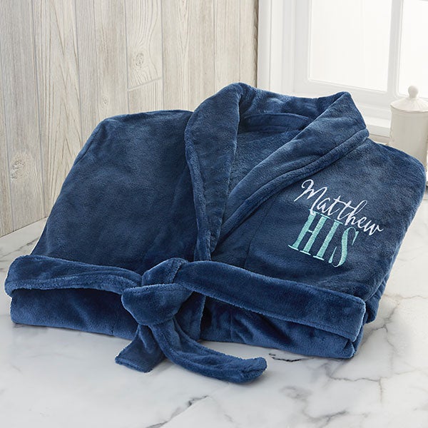 His or Hers Embroidered Luxury Fleece Robe - Navy - Wedding Gifts