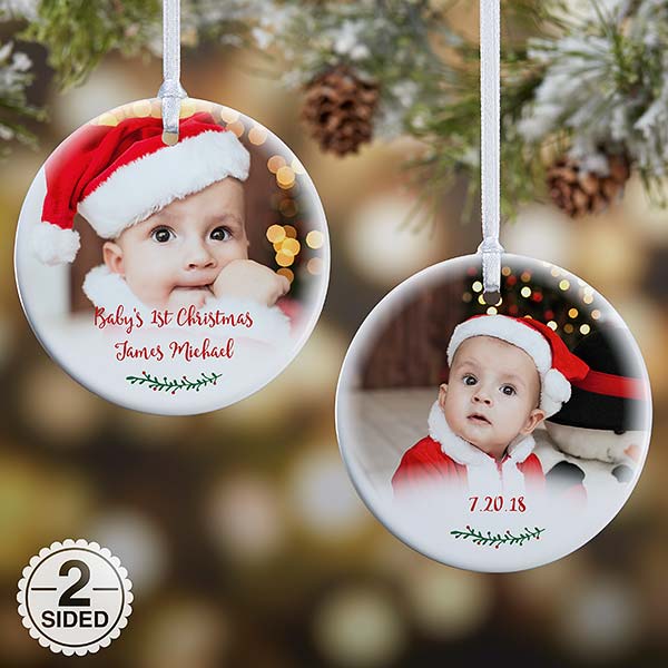 holly branch baby photo ornament 2 sided small christmas clearance babyphoto