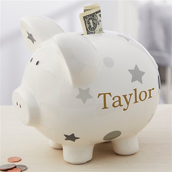 Personalized Piggy Bank - Grey Polka Dot - 20246