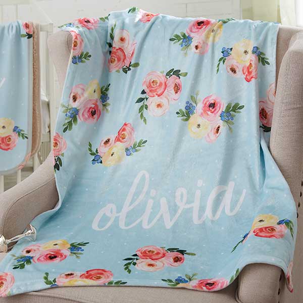 Baby Name Blanket Floral Navy & Blush Personalized Baby Blanket with Name-Custom Baby Blankets for Girls-Baby Customized Blankets Personalized Baby Blankets for Girls with Name 