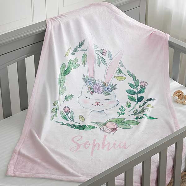 Woodland Floral Bunny Personalized Fleece Baby Blanket