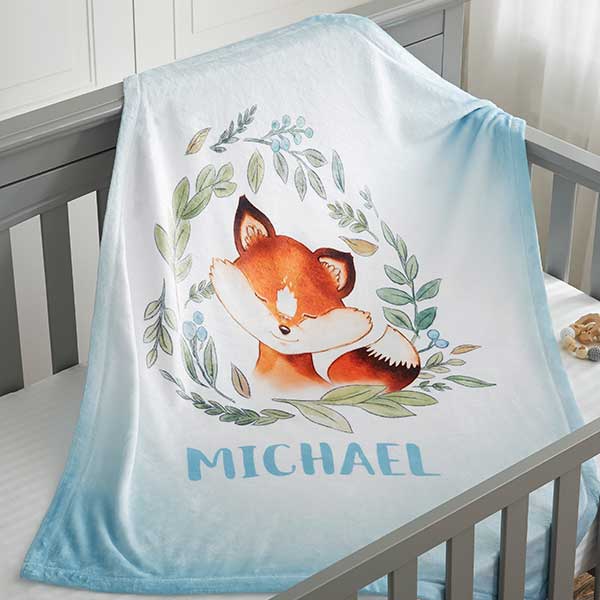 Personalized Baby Blankets Custom with Babys Name for Newborn Baby Room Nursery Christening Woodland Forest Animal Boys Personalized Name Baby Blanket 
