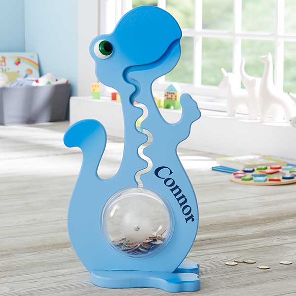 wooden dinosaur piggy bank