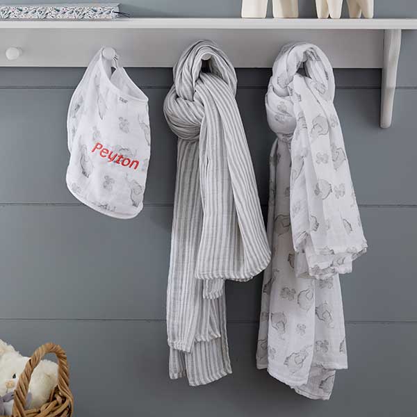 Personalized Elephant Muslin Swaddle Blanket & Bib Set
