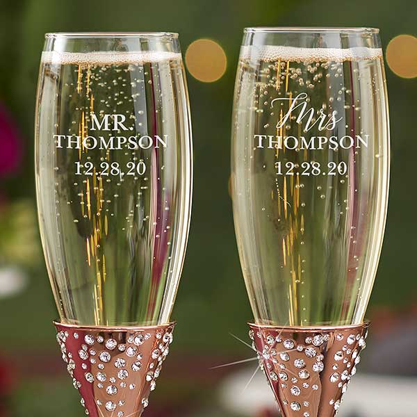 Radiant Rose Gold Etched Wedding Champagne Flutes